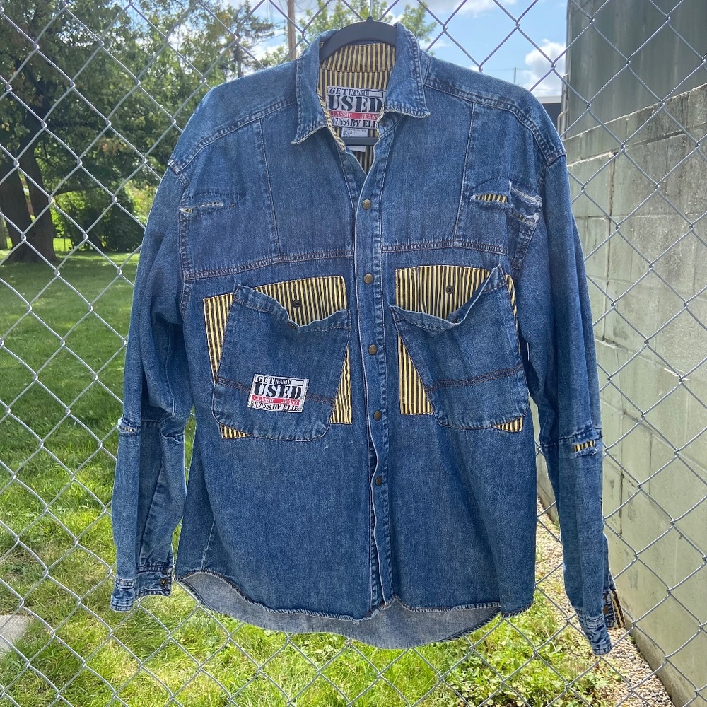 Vintage 90s Get Used By Elie Denim Jean Jacket Mens Medium Snap Button Up Shirt